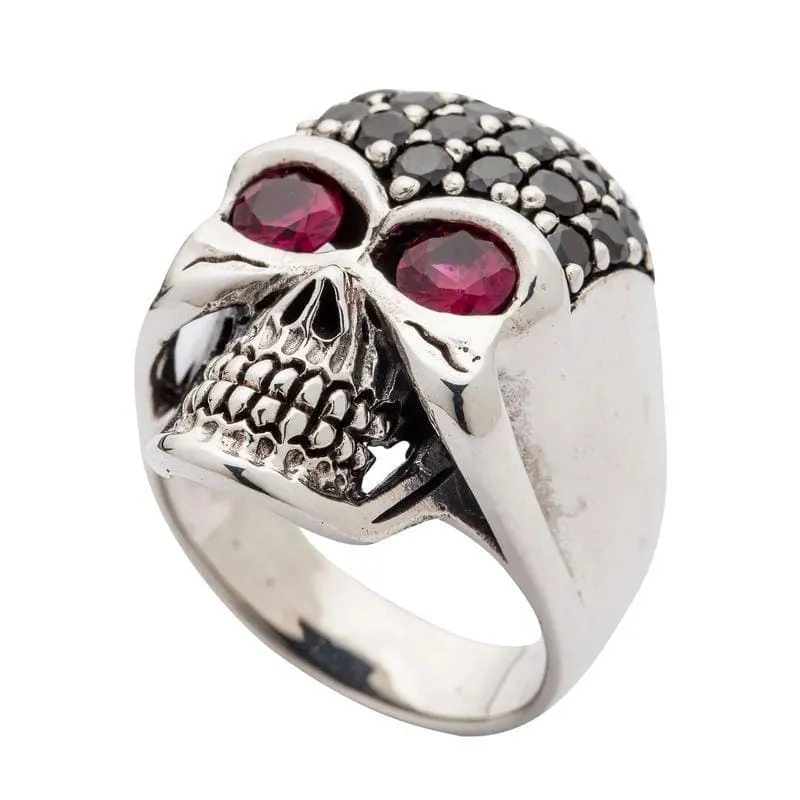 Black Crystal Forehead 925 Sterling Silver Women's Skull Ring