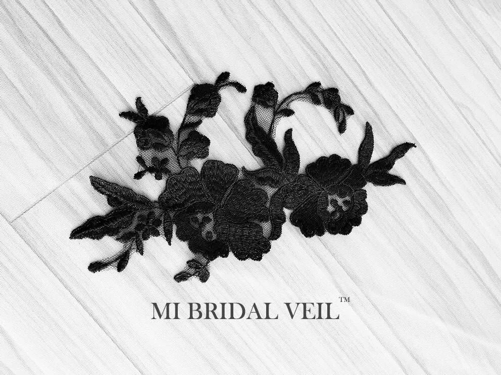 Black Embroidere Lace Chapel Wedding Veil, Vintage Inspired Lace Veil, Mi Bridal