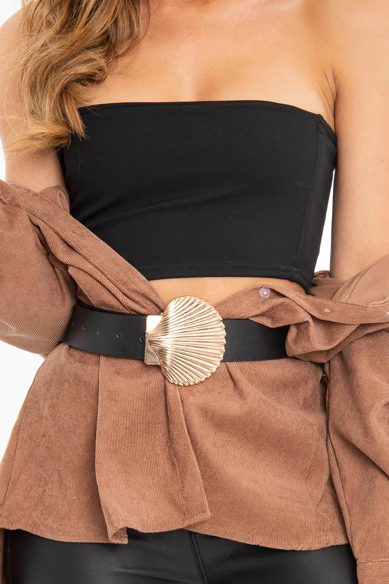 Black Faux Leather Shell Buckle Belt - Janna
