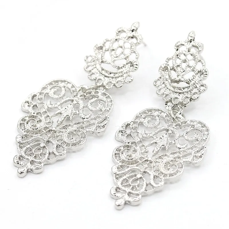 Black Metal Hollow Leaf Weave Shaped Drop Earrings