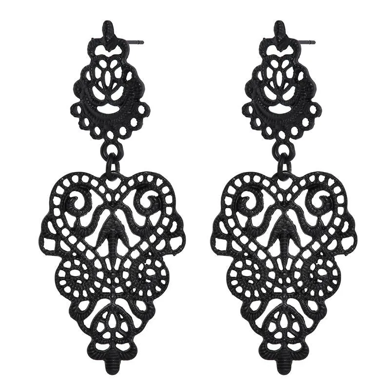 Black Metal Hollow Leaf Weave Shaped Drop Earrings