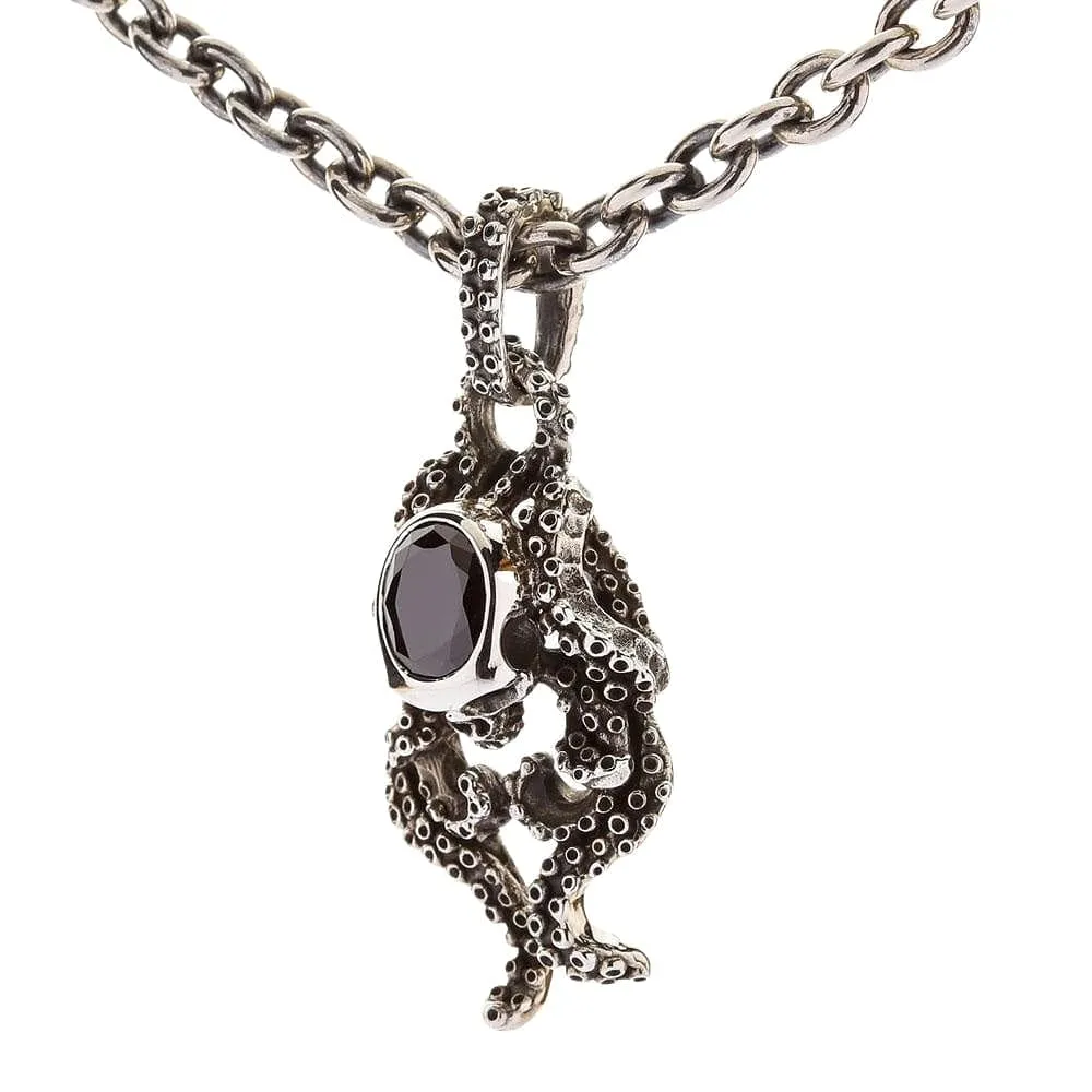 Black Onyx Octopus Skull Sterling Silver Gothic Necklace