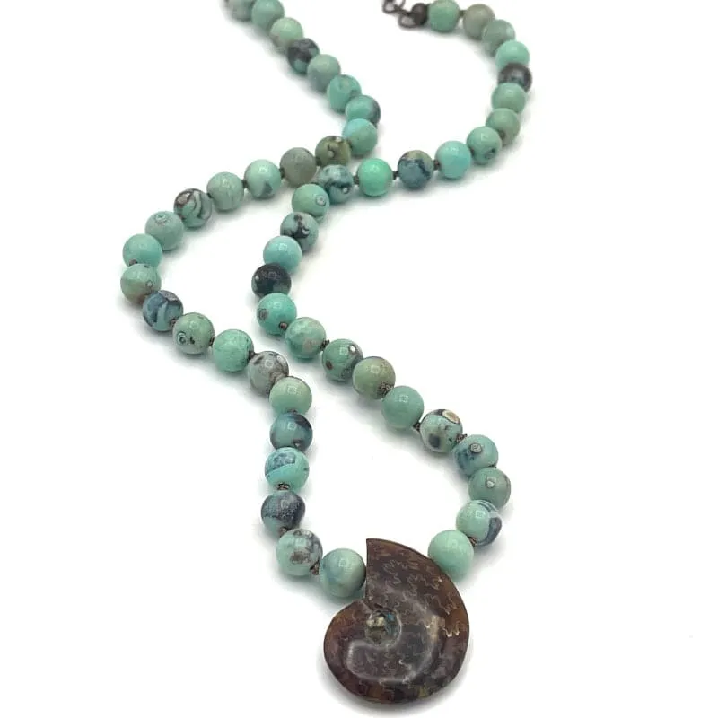 Blue Agate Gemstone Ammonite Shell Pendant Necklace