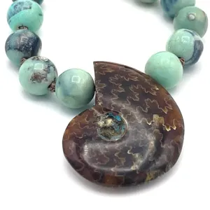 Blue Agate Gemstone Ammonite Shell Pendant Necklace
