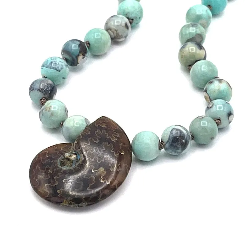 Blue Agate Gemstone Ammonite Shell Pendant Necklace
