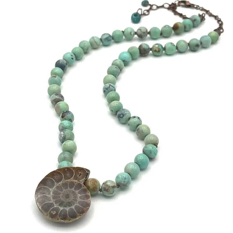 Blue Agate Gemstone Ammonite Shell Pendant Necklace