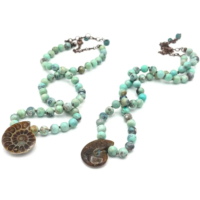 Blue Agate Gemstone Ammonite Shell Pendant Necklace