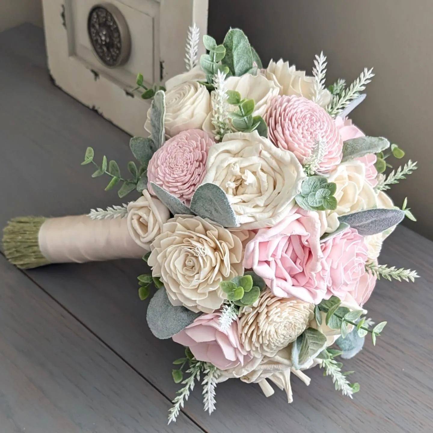 Blush and Ivory Bouquet with Lamb's Ear and Spiral Eucalyptus Greenery