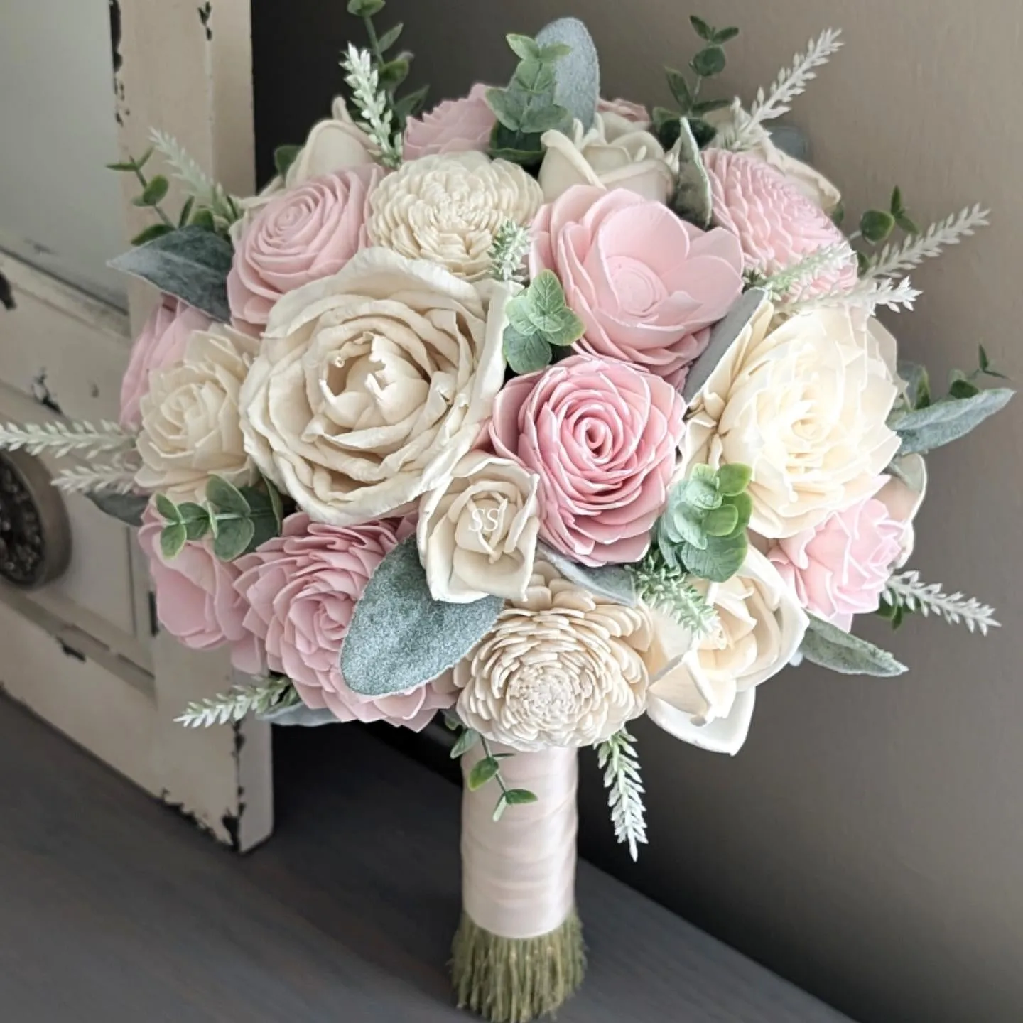 Blush and Ivory Bouquet with Lamb's Ear and Spiral Eucalyptus Greenery