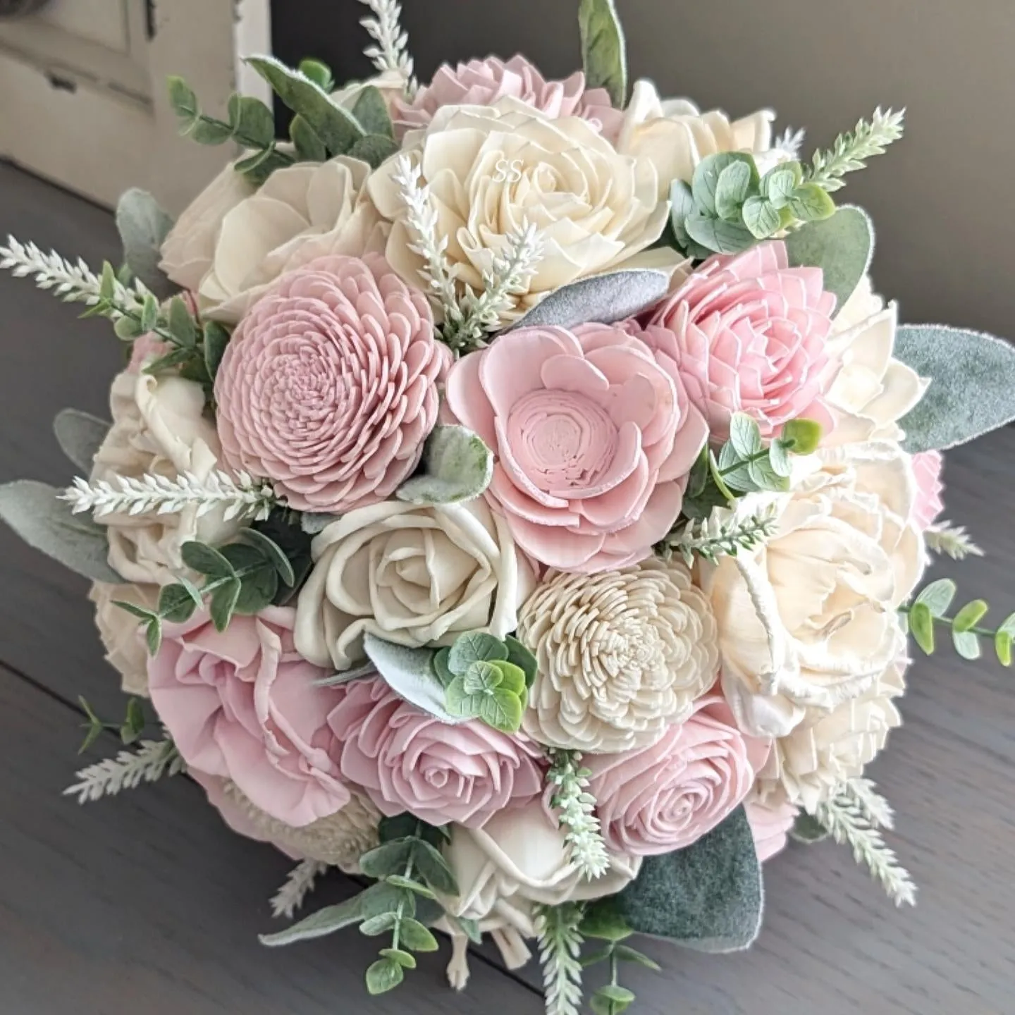 Blush and Ivory Bouquet with Lamb's Ear and Spiral Eucalyptus Greenery