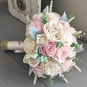 Blush and Ivory Bouquet with Lamb's Ear and Spiral Eucalyptus Greenery