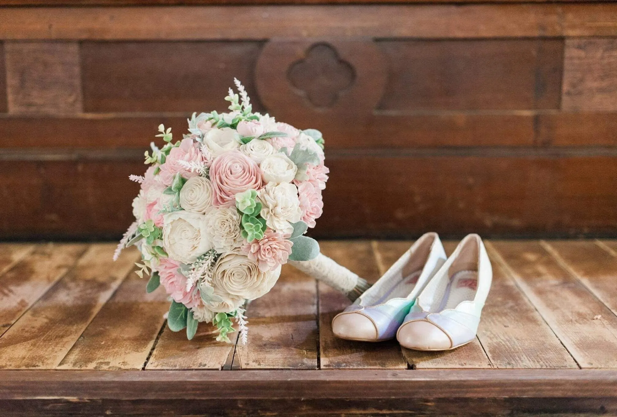 Blush and Ivory Bouquet with Lamb's Ear and Spiral Eucalyptus Greenery