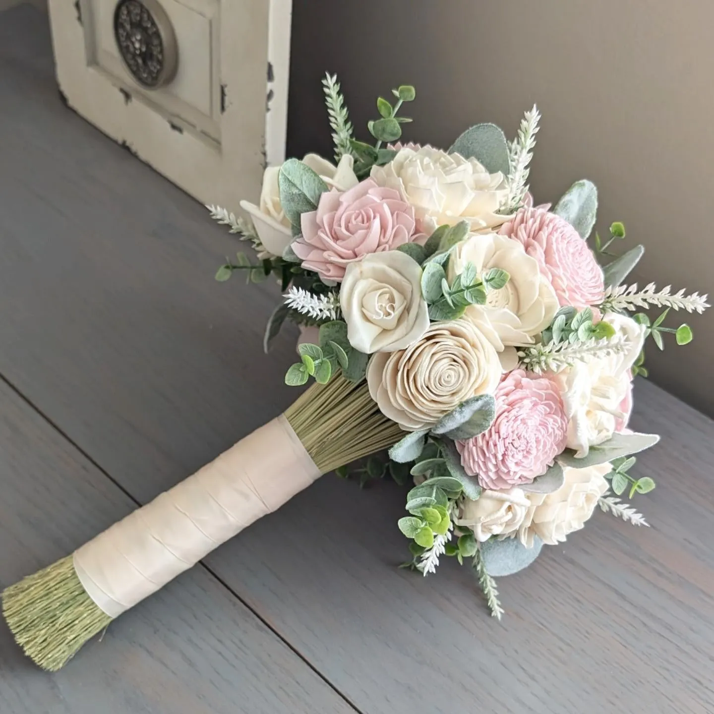 Blush and Ivory Bouquet with Lamb's Ear and Spiral Eucalyptus Greenery