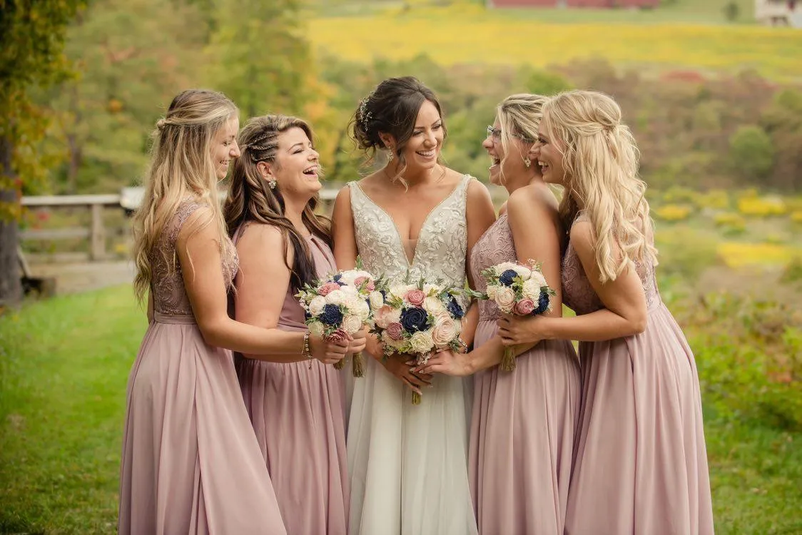 Blush, Pinkish Mauve, and Ivory with Navy Accents Bouquet with Baby's Breath and Greenery