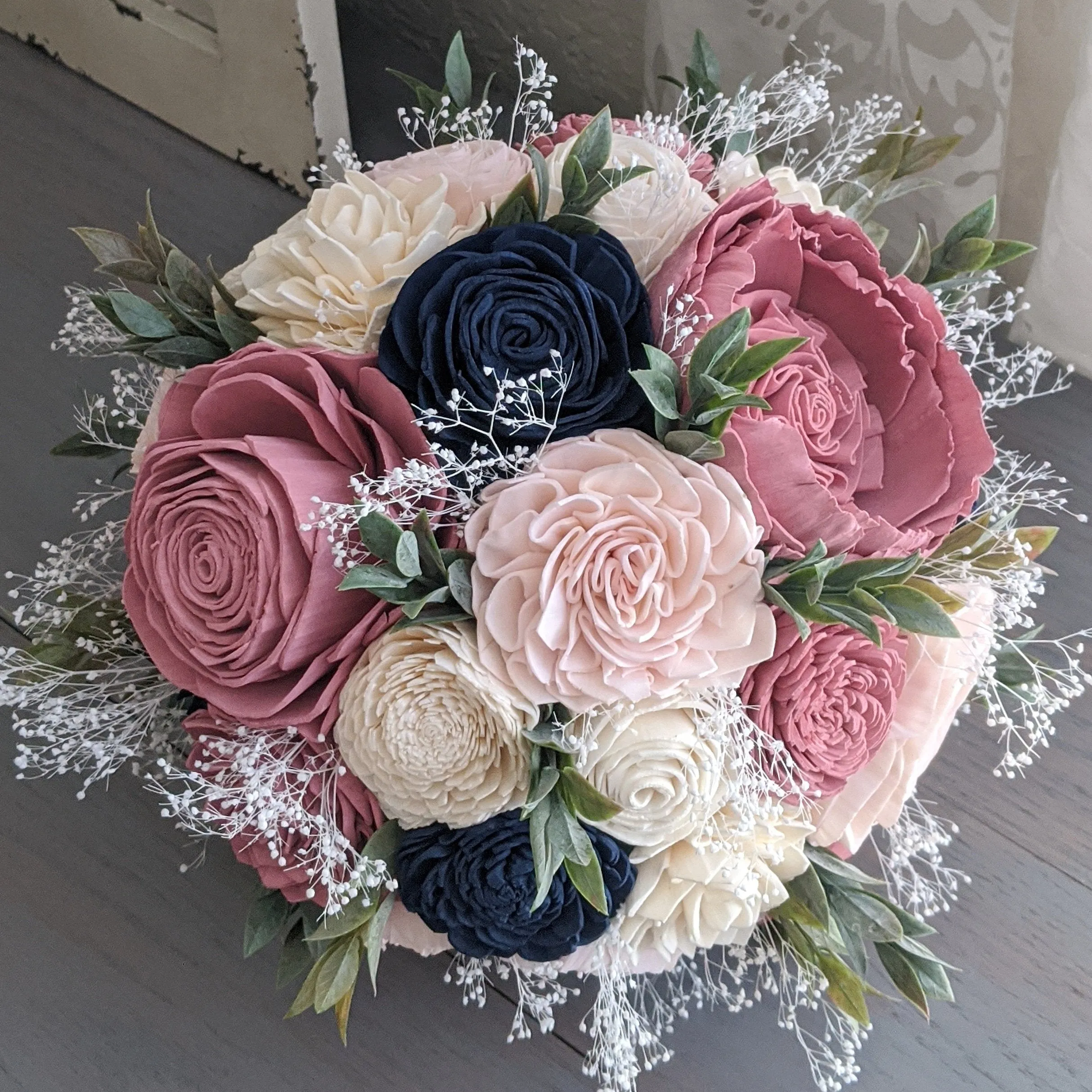 Blush, Pinkish Mauve, and Ivory with Navy Accents Bouquet with Baby's Breath and Greenery