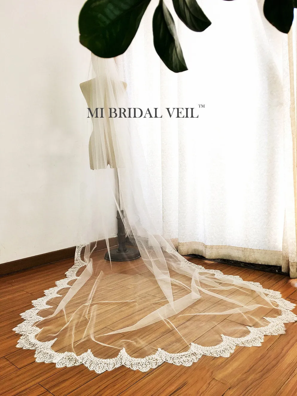 Boho Chapel Wedding Veil, Eyelash Chantilly Lace from Midway, Mi Bridal