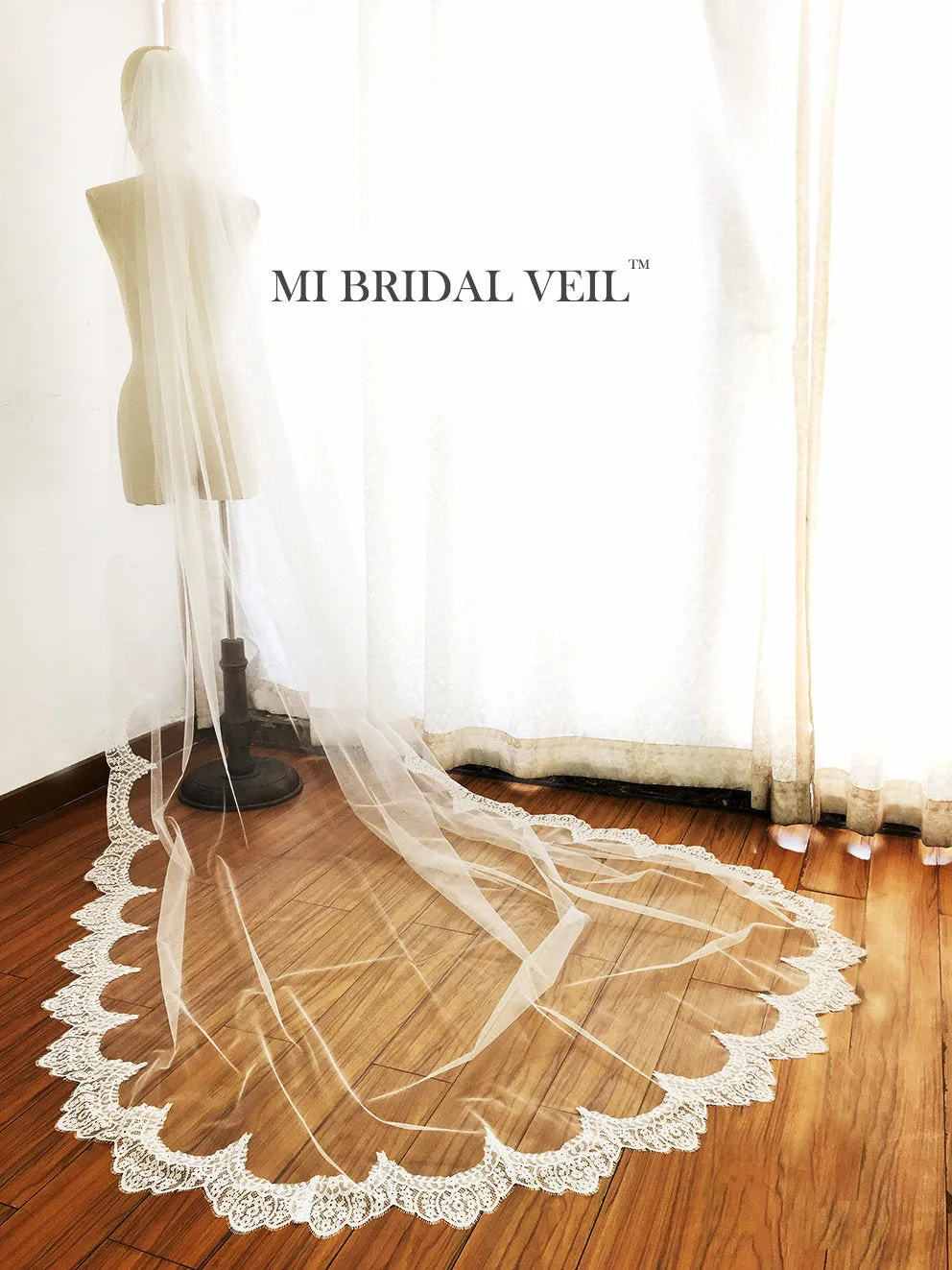 Boho Chapel Wedding Veil, Eyelash Chantilly Lace from Midway, Mi Bridal