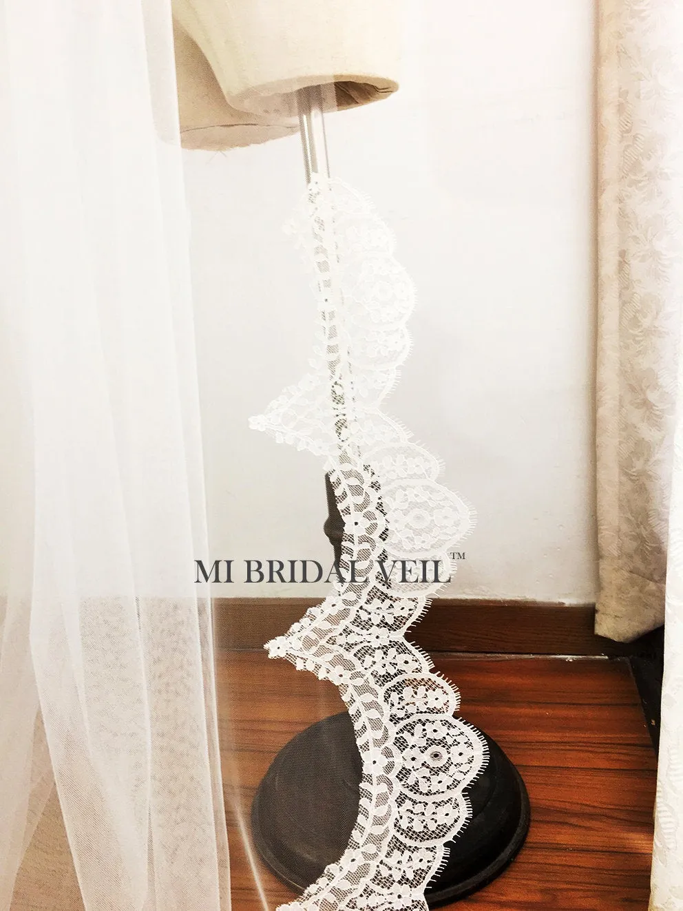 Boho Chapel Wedding Veil, Eyelash Chantilly Lace from Midway, Mi Bridal