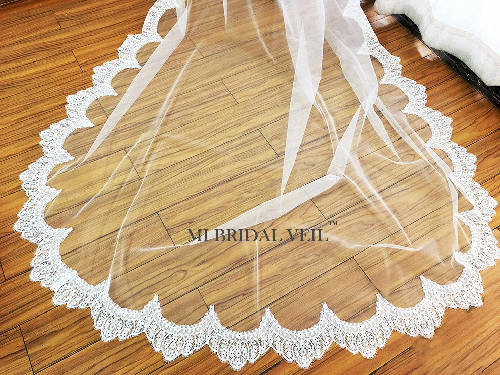 Boho Chapel Wedding Veil, Eyelash Chantilly Lace from Midway, Mi Bridal