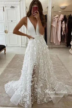 Boho Satin A-line V-neck 3D Flowers Wedding Dresses With High Slit, MW961