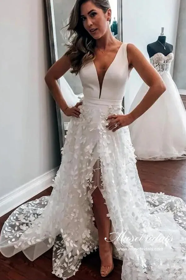 Boho Satin A-line V-neck 3D Flowers Wedding Dresses With High Slit, MW961