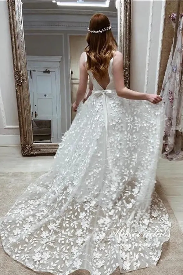 Boho Satin A-line V-neck 3D Flowers Wedding Dresses With High Slit, MW961