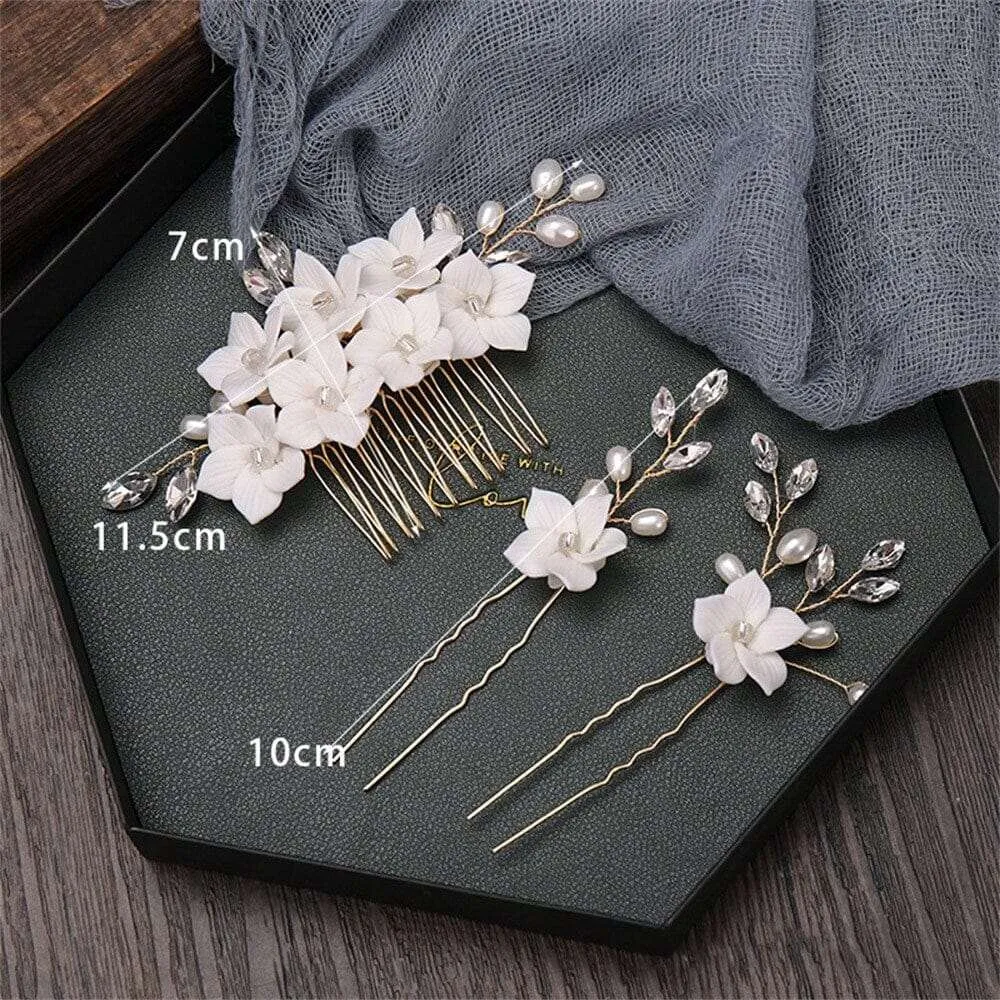Bridal Ceramic Flower 3 PC Hairpin Set, Floral Hair Comb and 2 Hairpins, Bridesmaid Floral Headpiece, Wedding Hairpin set or Earrings