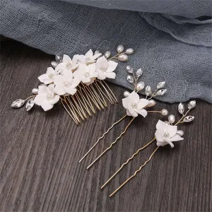 Bridal Ceramic Flower 3 PC Hairpin Set, Floral Hair Comb and 2 Hairpins, Bridesmaid Floral Headpiece, Wedding Hairpin set or Earrings