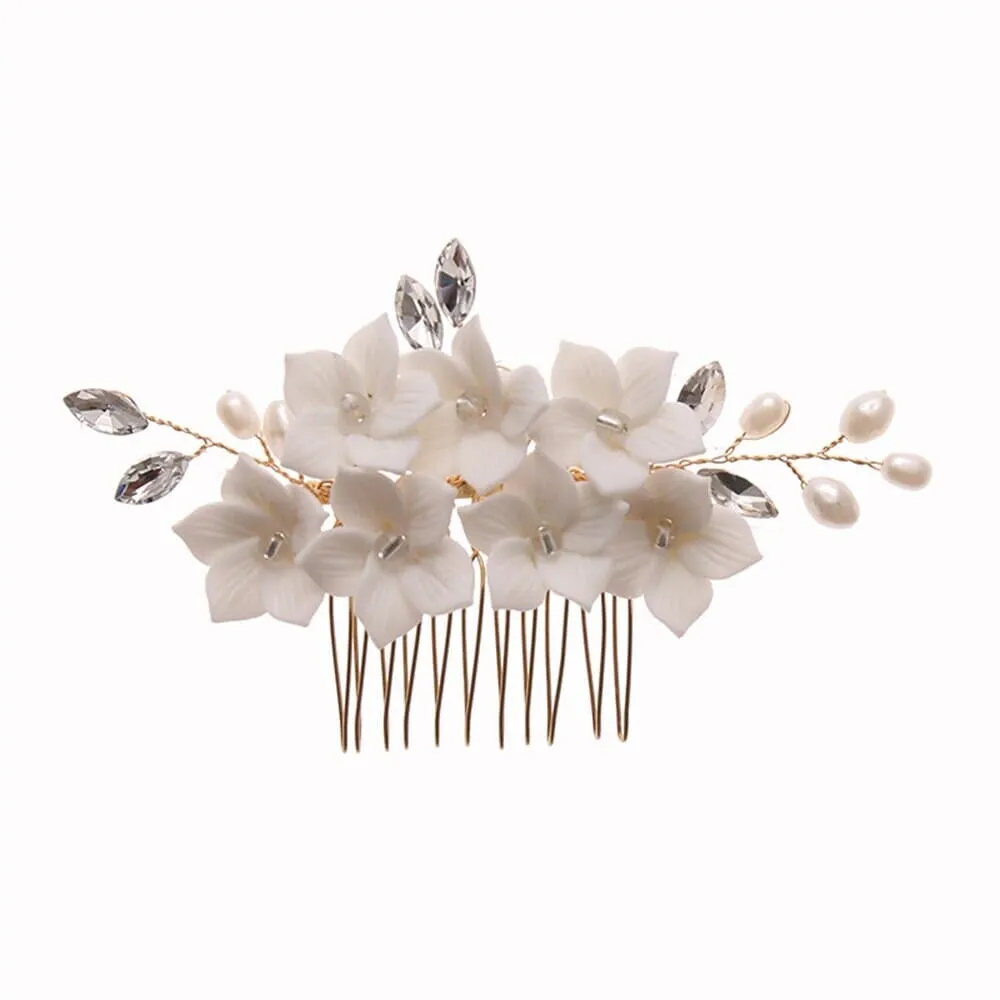 Bridal Ceramic Flower 3 PC Hairpin Set, Floral Hair Comb and 2 Hairpins, Bridesmaid Floral Headpiece, Wedding Hairpin set or Earrings