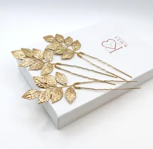 Bridal Gold Leaf 3 PC Hairpin Set, Greek Goddess Hair Pins, Delicate Wedding Head Piece Gold Leaf Hairpin Hair Accessory, Set of 3