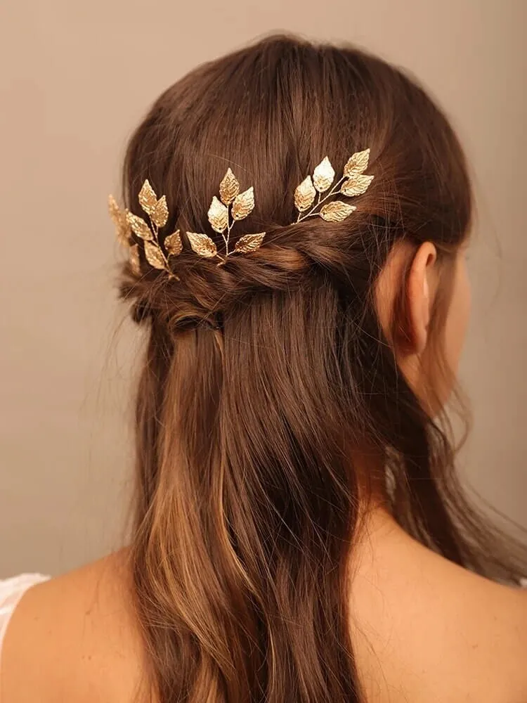 Bridal Gold Leaf 3 PC Hairpin Set, Greek Goddess Hair Pins, Delicate Wedding Head Piece Gold Leaf Hairpin Hair Accessory, Set of 3