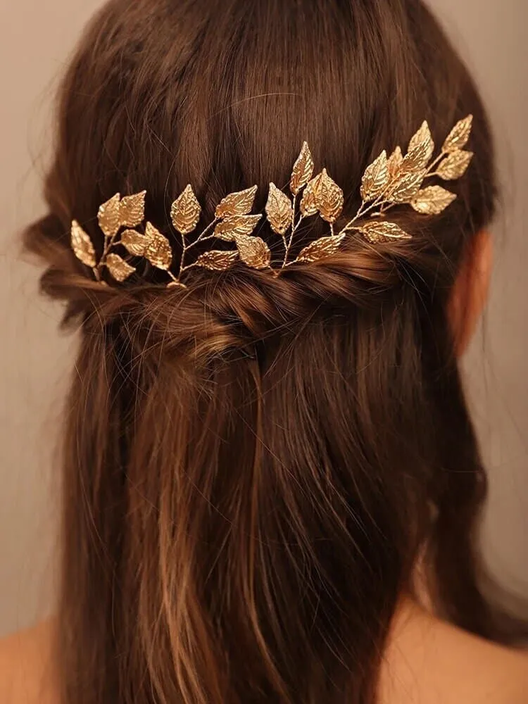 Bridal Gold Leaf 3 PC Hairpin Set, Greek Goddess Hair Pins, Delicate Wedding Head Piece Gold Leaf Hairpin Hair Accessory, Set of 3