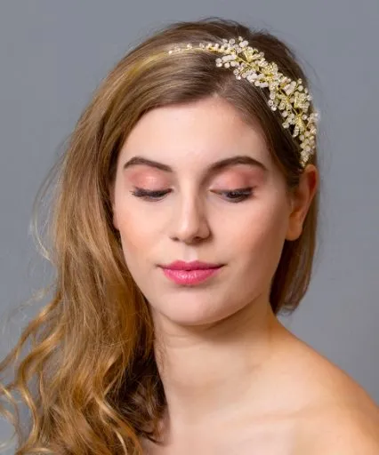 Bridal Hair Vine with Gold Leaves - Antique Gold Ribbon