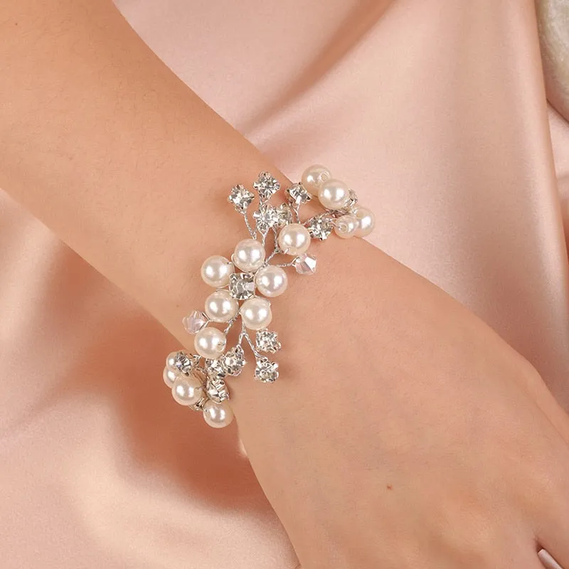 Bridal Pearl Flower Wire Bracelet, Rhinestone Floral Bracelet for Wedding or Prom, Bride or Bridesmaid Jewelry