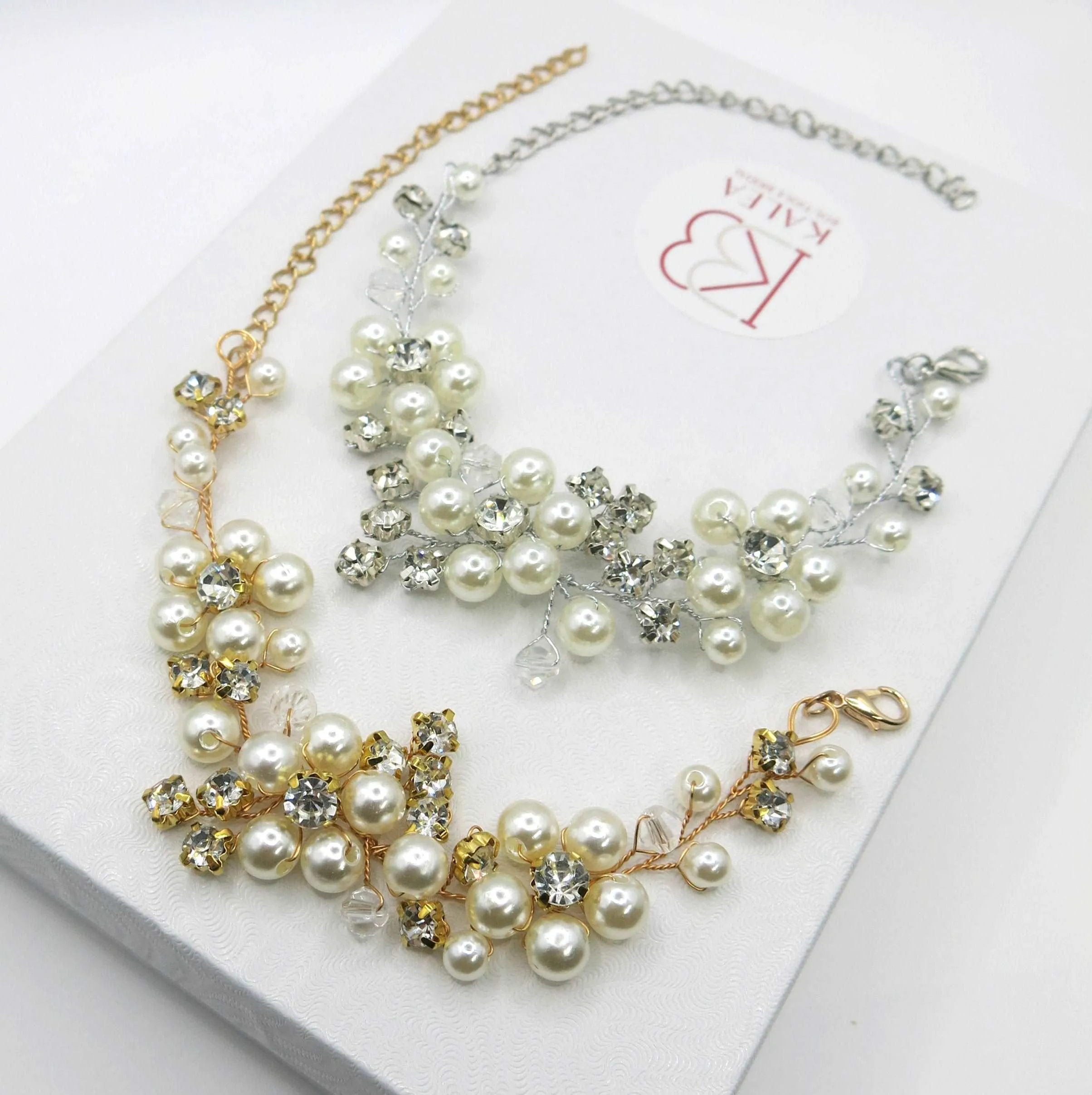 Bridal Pearl Flower Wire Bracelet, Rhinestone Floral Bracelet for Wedding or Prom, Bride or Bridesmaid Jewelry
