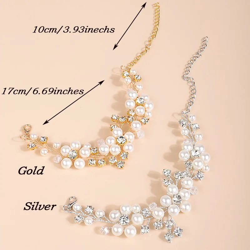 Bridal Pearl Flower Wire Bracelet, Rhinestone Floral Bracelet for Wedding or Prom, Bride or Bridesmaid Jewelry