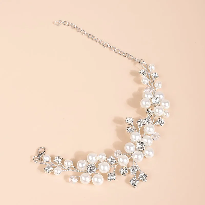 Bridal Pearl Flower Wire Bracelet, Rhinestone Floral Bracelet for Wedding or Prom, Bride or Bridesmaid Jewelry