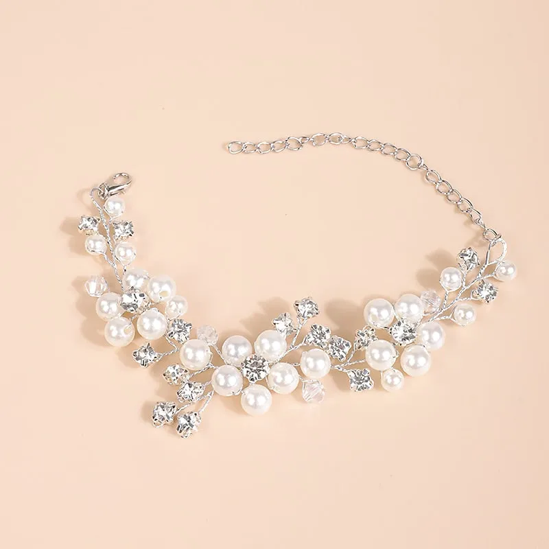 Bridal Pearl Flower Wire Bracelet, Rhinestone Floral Bracelet for Wedding or Prom, Bride or Bridesmaid Jewelry