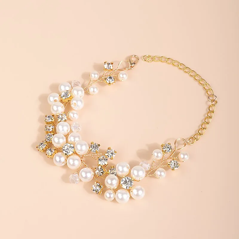 Bridal Pearl Flower Wire Bracelet, Rhinestone Floral Bracelet for Wedding or Prom, Bride or Bridesmaid Jewelry