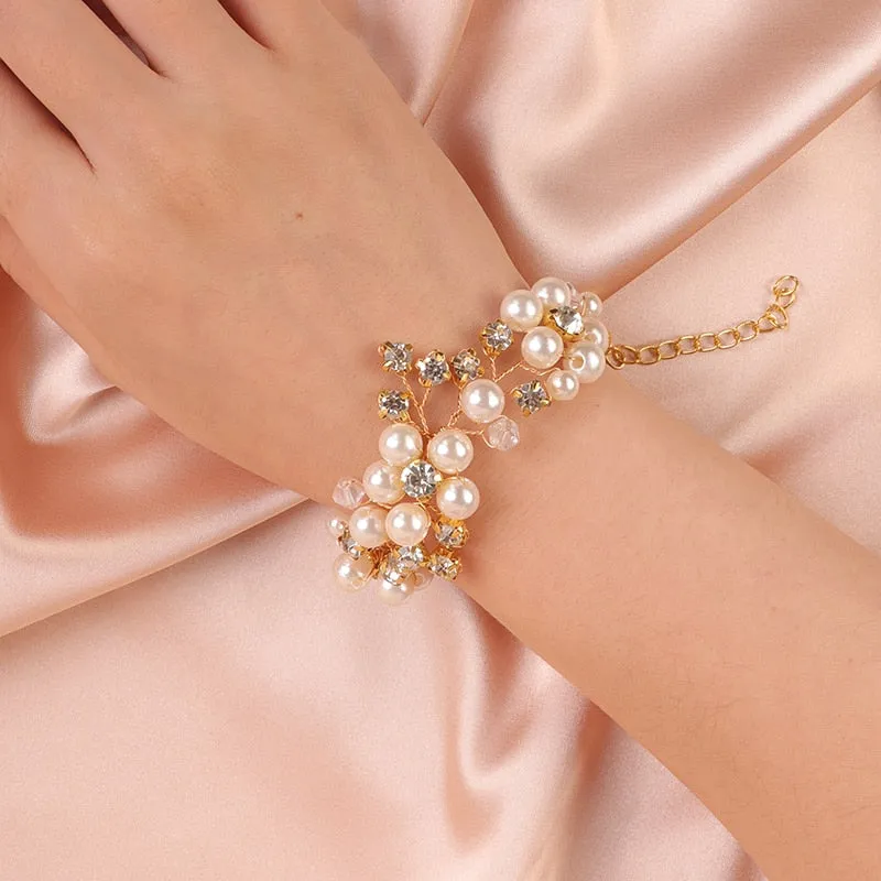 Bridal Pearl Flower Wire Bracelet, Rhinestone Floral Bracelet for Wedding or Prom, Bride or Bridesmaid Jewelry