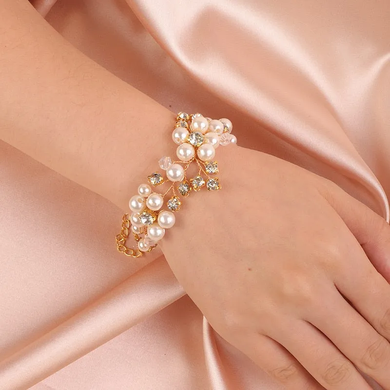Bridal Pearl Flower Wire Bracelet, Rhinestone Floral Bracelet for Wedding or Prom, Bride or Bridesmaid Jewelry