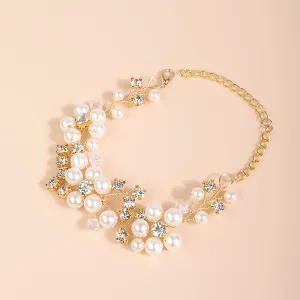 Bridal Pearl Flower Wire Bracelet, Rhinestone Floral Bracelet for Wedding or Prom, Bride or Bridesmaid Jewelry