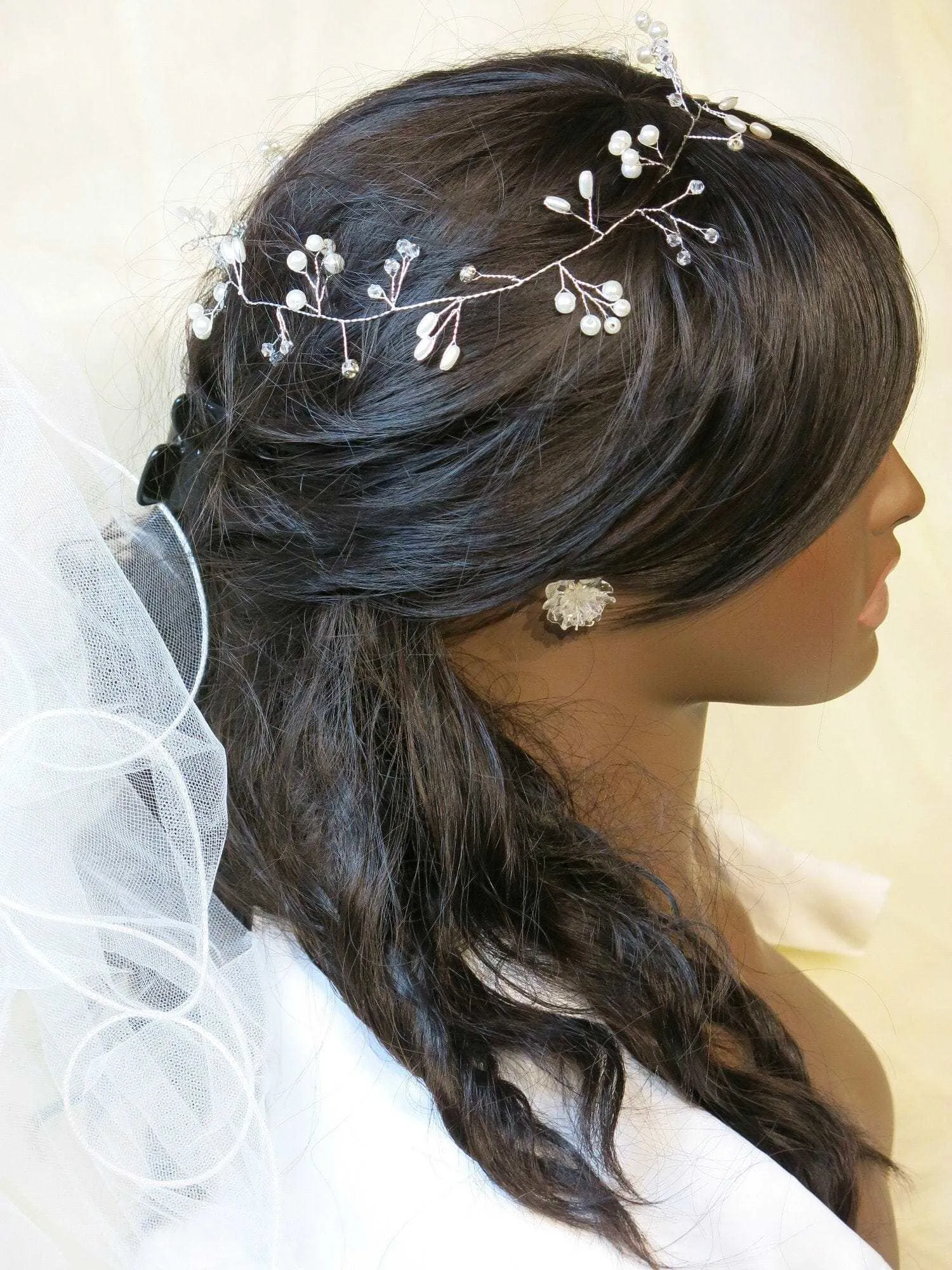 Bridal Pearl Wire Hair Vine, Wedding Headband Tiara, Pearl Leaf Wire Head Wreath, Wedding Pearl Headpiece