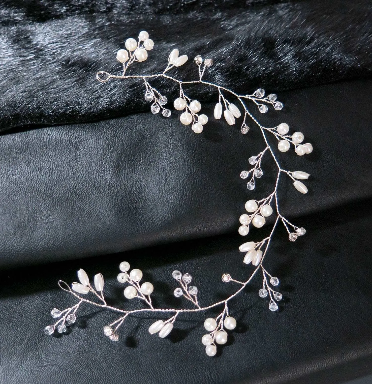 Bridal Pearl Wire Hair Vine, Wedding Headband Tiara, Pearl Leaf Wire Head Wreath, Wedding Pearl Headpiece