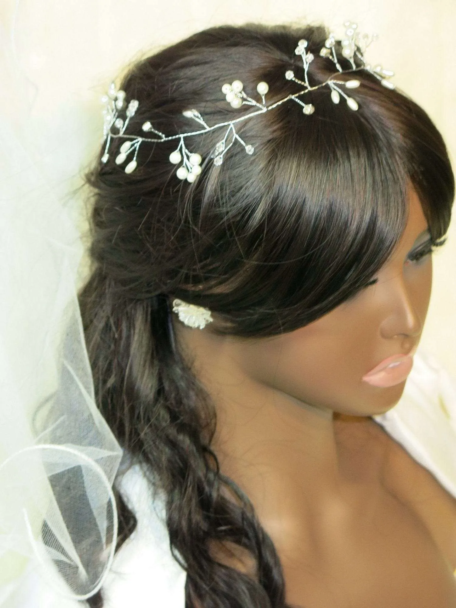 Bridal Pearl Wire Hair Vine, Wedding Headband Tiara, Pearl Leaf Wire Head Wreath, Wedding Pearl Headpiece