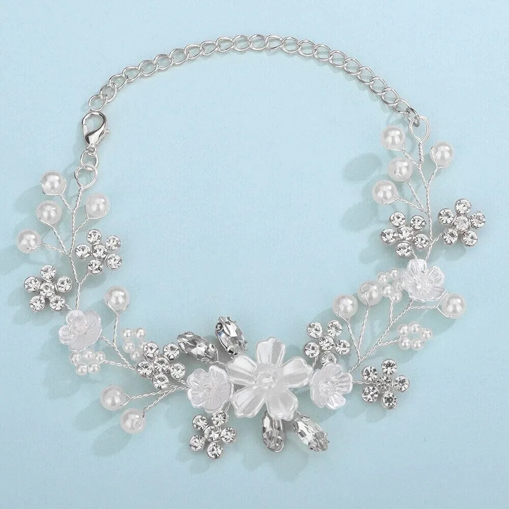 Bridal White Flower Wire Bracelet, Floral Pearl Wire Bracelet, Wedding Crystal Leaf Bracelet, Wedding Floral Rhinestone Bracelet for Bride