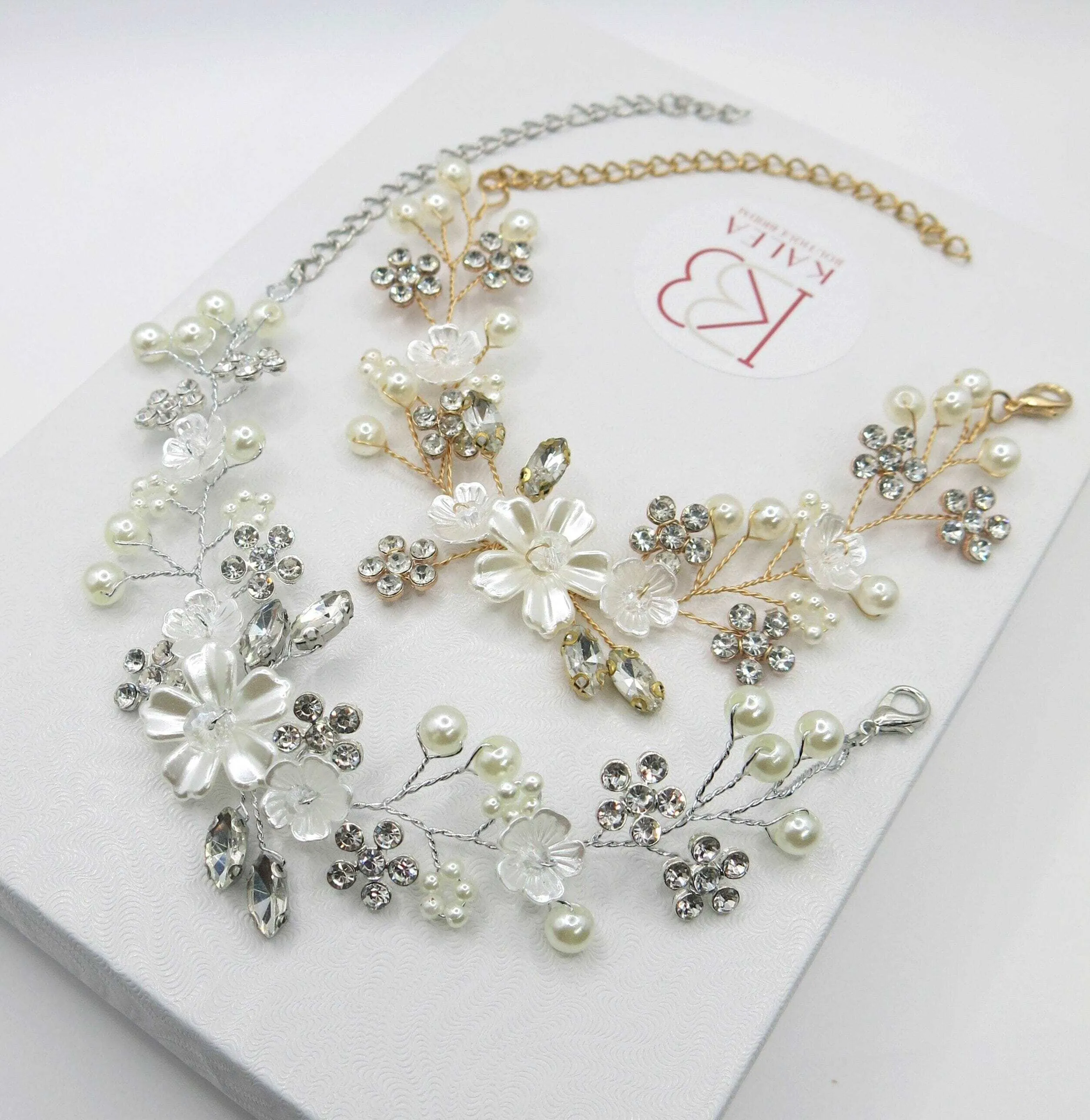 Bridal White Flower Wire Bracelet, Floral Pearl Wire Bracelet, Wedding Crystal Leaf Bracelet, Wedding Floral Rhinestone Bracelet for Bride