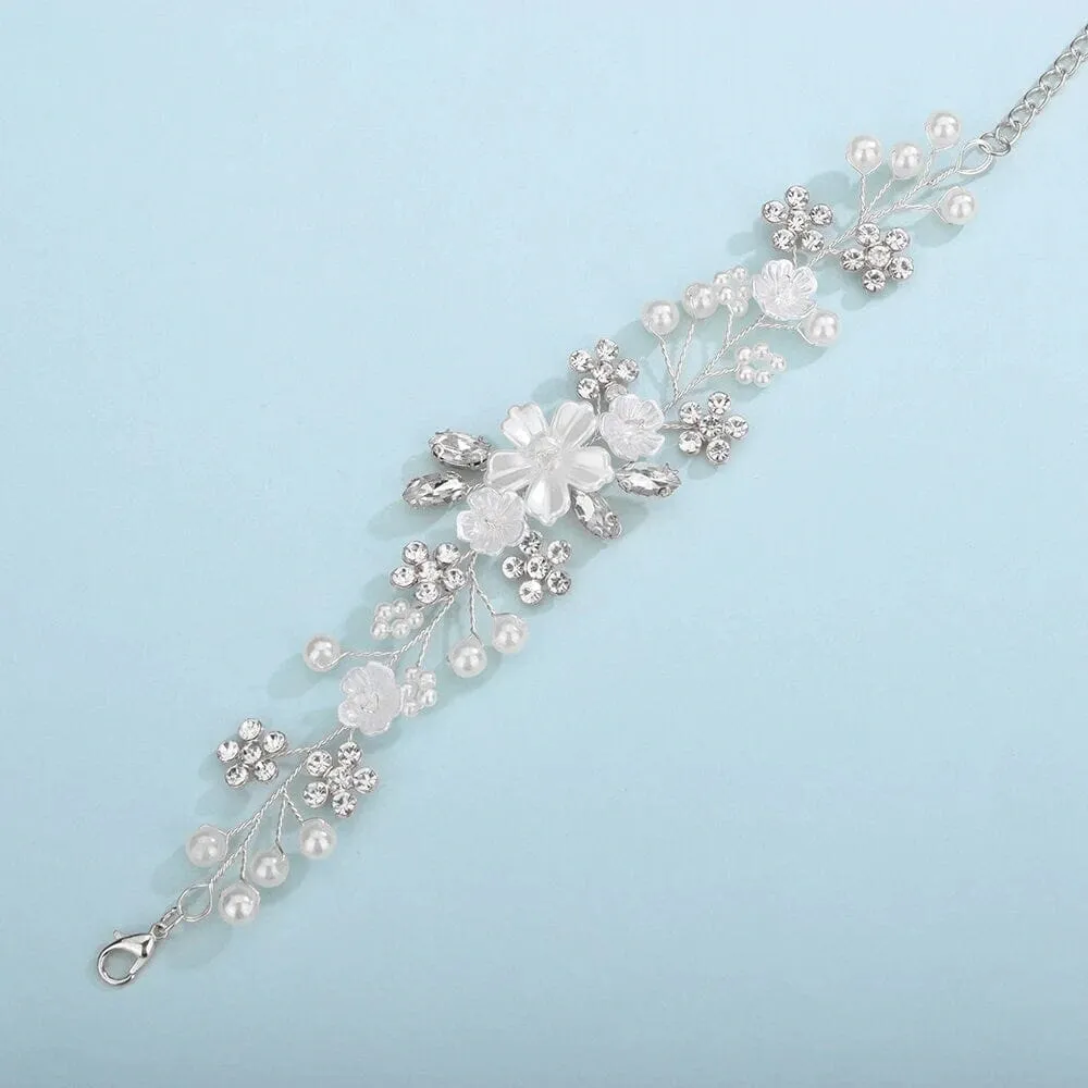 Bridal White Flower Wire Bracelet, Floral Pearl Wire Bracelet, Wedding Crystal Leaf Bracelet, Wedding Floral Rhinestone Bracelet for Bride