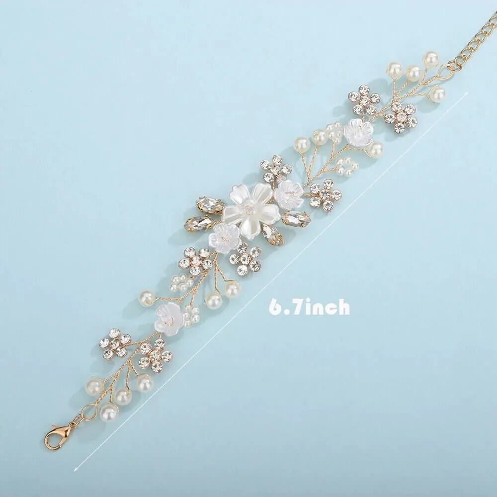 Bridal White Flower Wire Bracelet, Floral Pearl Wire Bracelet, Wedding Crystal Leaf Bracelet, Wedding Floral Rhinestone Bracelet for Bride