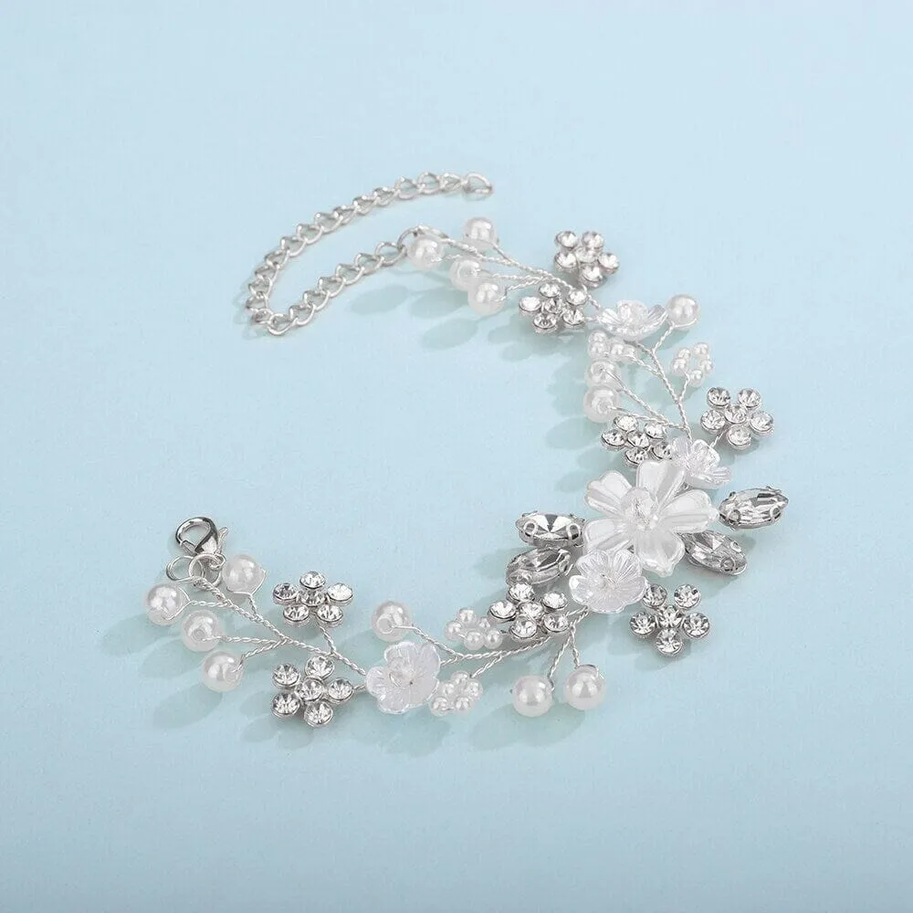 Bridal White Flower Wire Bracelet, Floral Pearl Wire Bracelet, Wedding Crystal Leaf Bracelet, Wedding Floral Rhinestone Bracelet for Bride